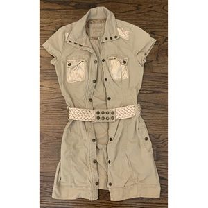 Y2k Guess Jeans Stretch Tan Button Down Short Sleeve Collared Mini Dress